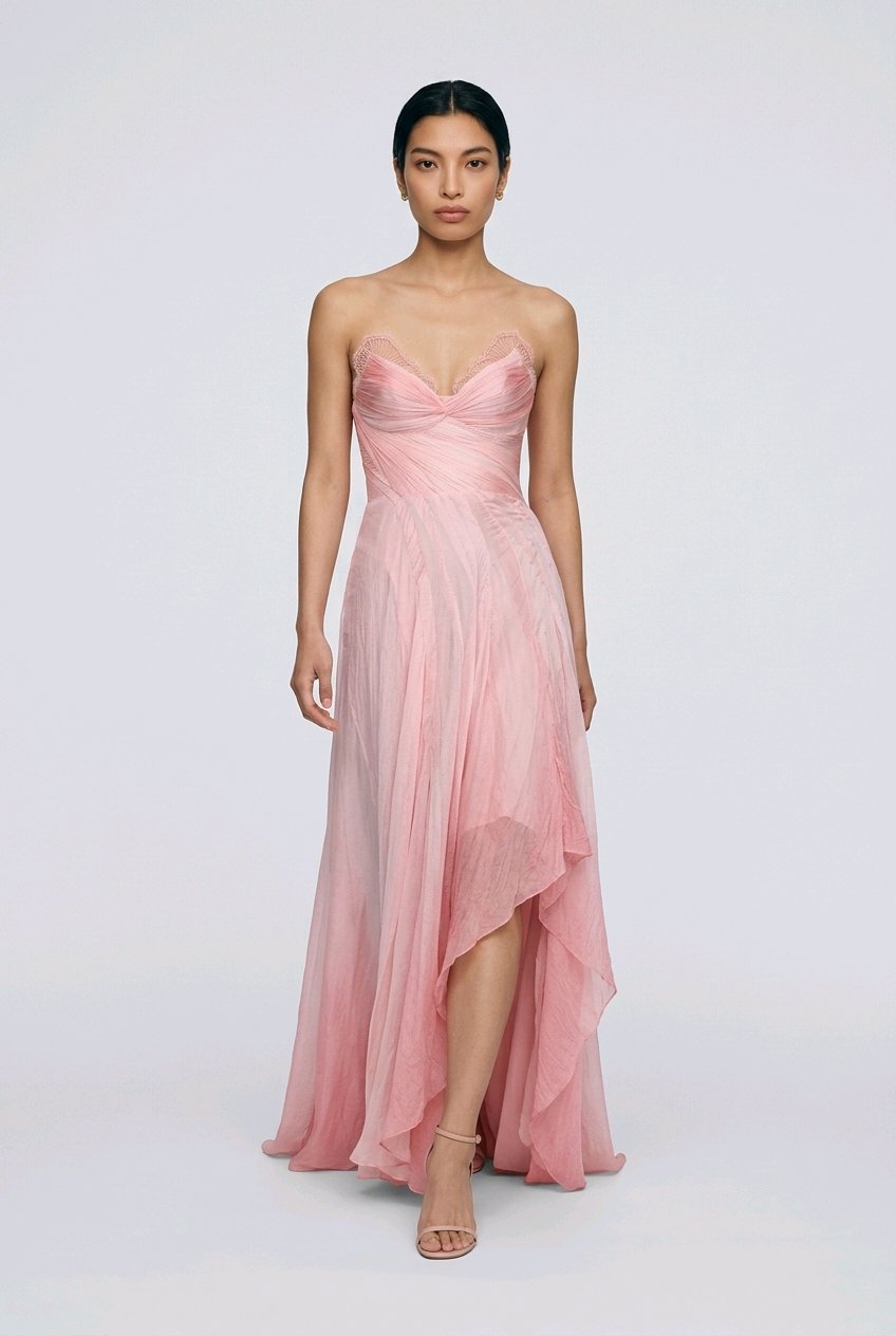LIGHT PINK SILK CHIFFON PLEATED CORSET COCKTAIL DRESS