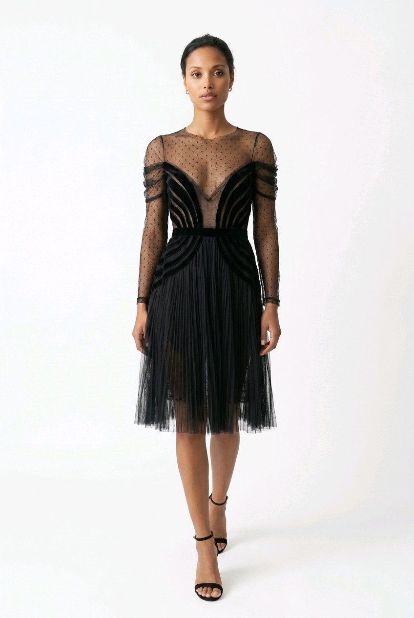 BLACK LACE VELVET COCKTAIL DRESS