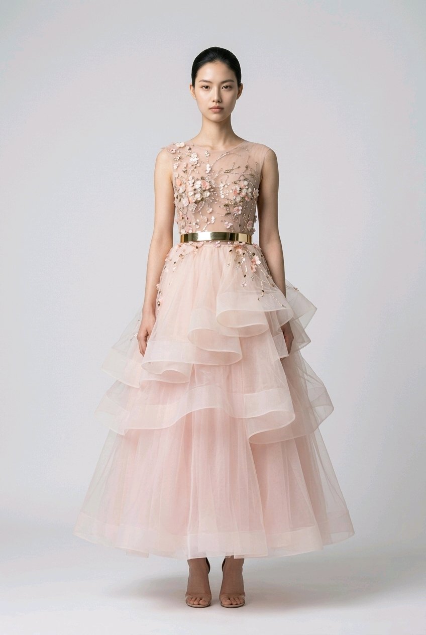 Woman wearing a pink floral dress with a gold belt.
