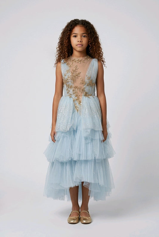 A young girl wearing a sleeveless light blue tulle dress with gold embroidered detailing on the bodice and a tiered skirt, paired with metallic gold flats.