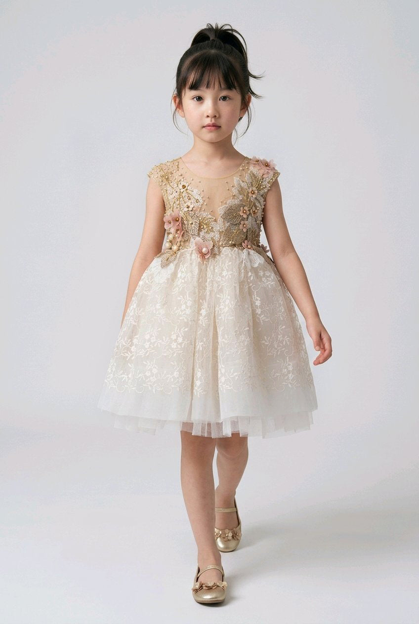 Young girl wearing a floral dress.