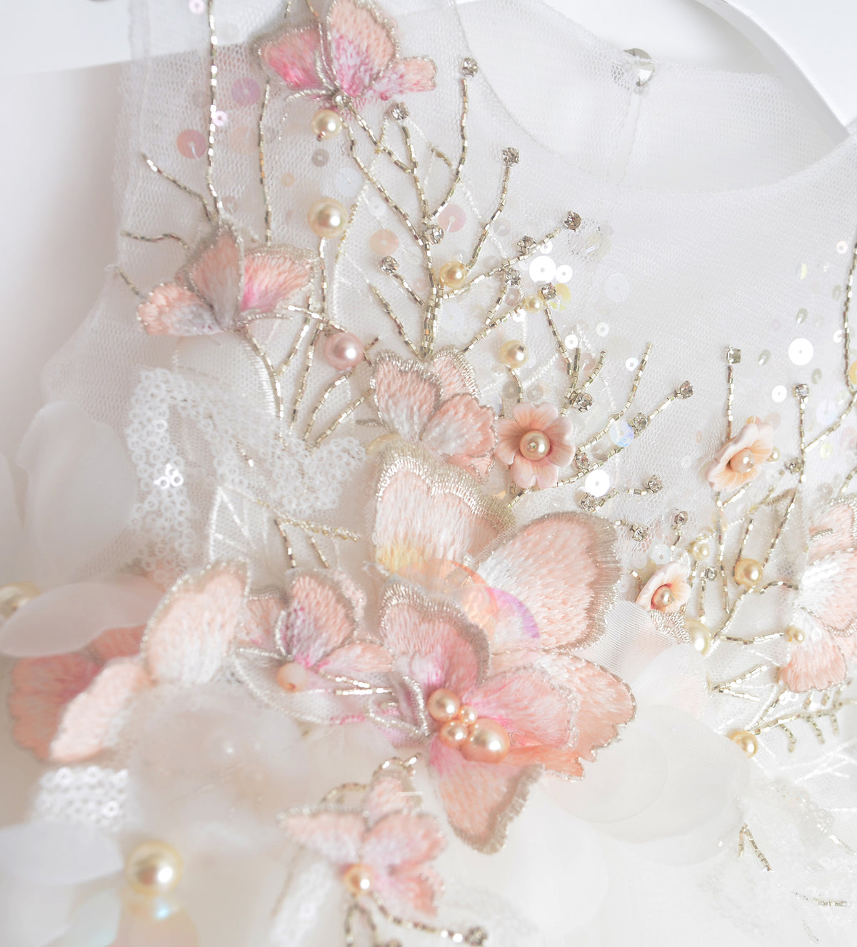 WHITE SILVER FLOWERGIRL DRESS