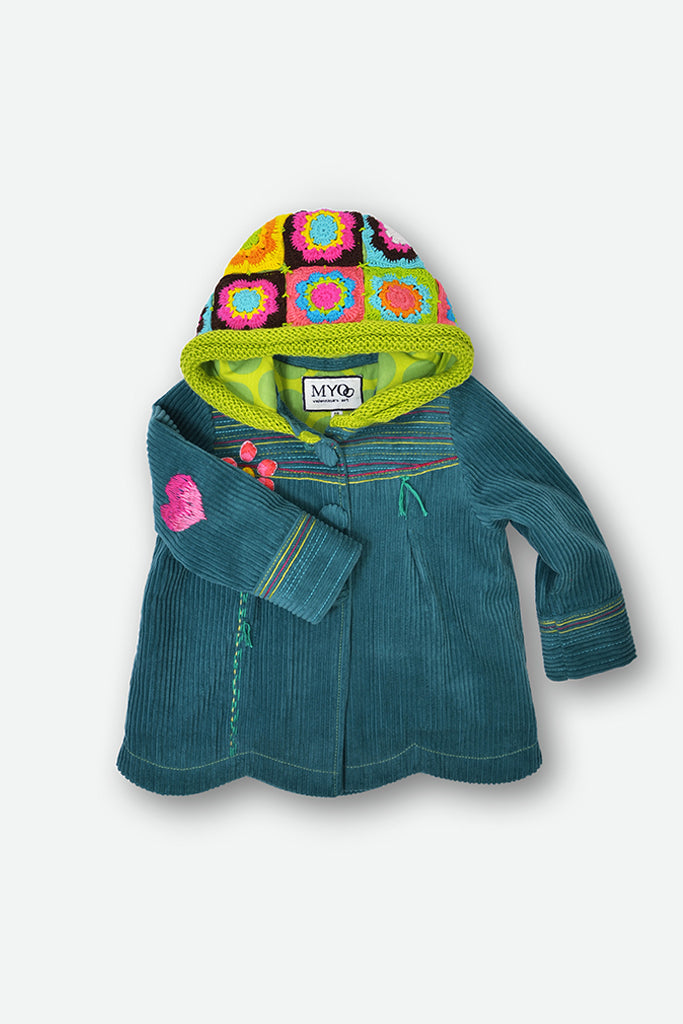 A toddler's corduroy hooded jacket in teal blue, featuring a bright lime green hood lined with a colorful crochet patchwork design in pink, yellow, orange, and blue. The jacket has embroidered details on the chest and sleeve.