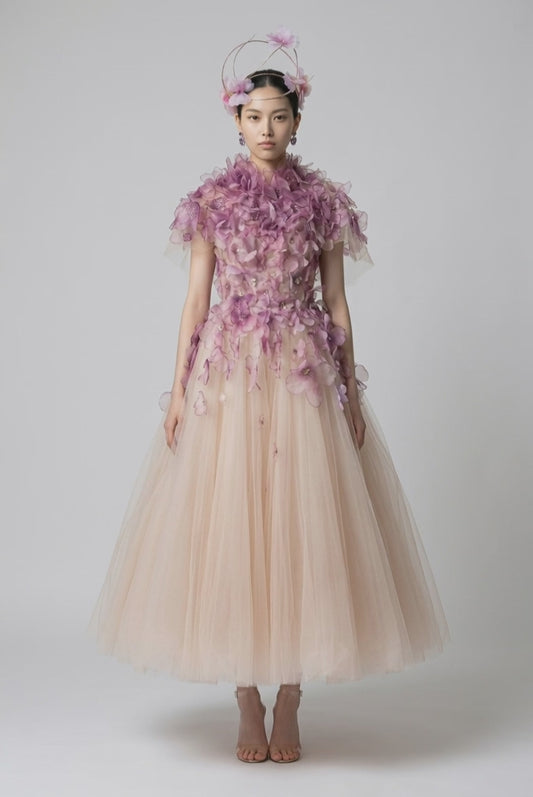 NUDE LAVANDEL SILK FLOWERS MIDI DRESS