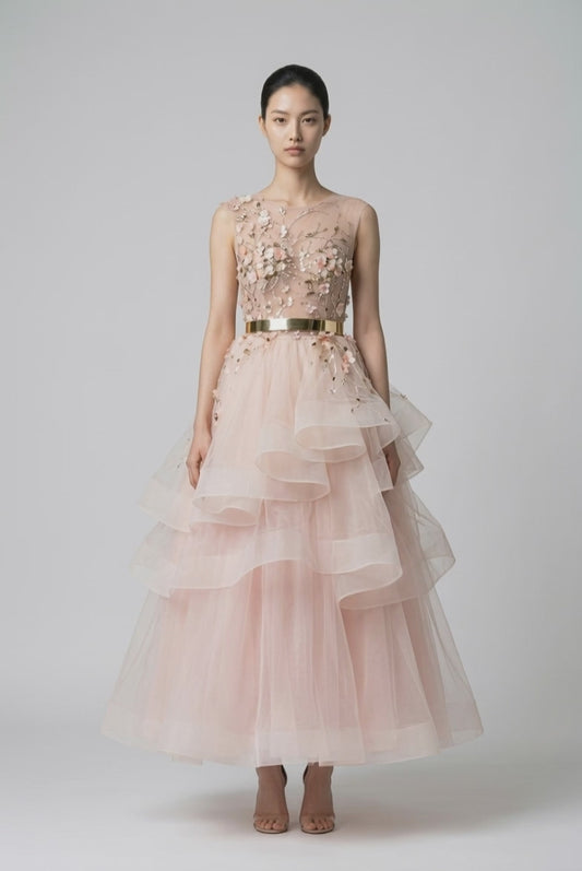 NUDE BLUSH MIXED VOALS TULLE BRIDAL GOWN